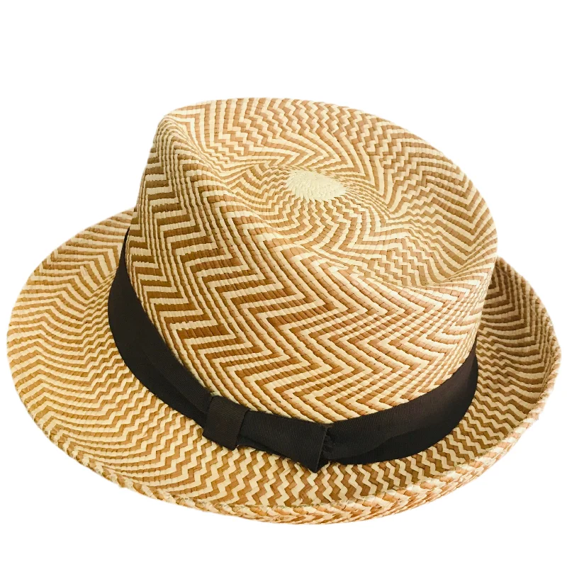 Herringbone Panama Fedora - Natural/ Brown