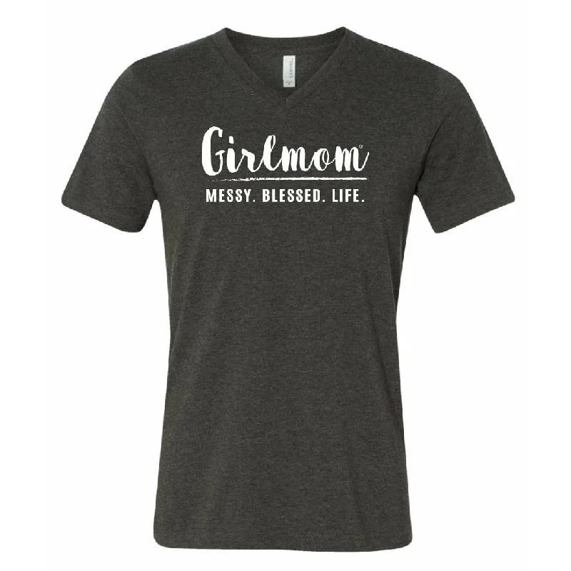 Girlmom Messy Blessed Life V-neck Tee - Heather Dk Grey