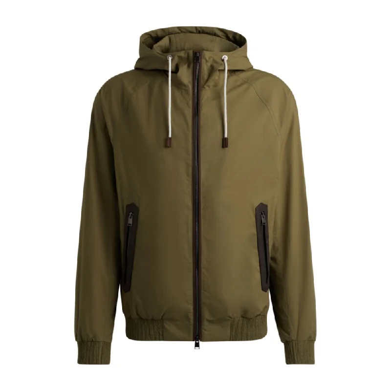 Cotton-poplin hooded jacket with faux-leather trims