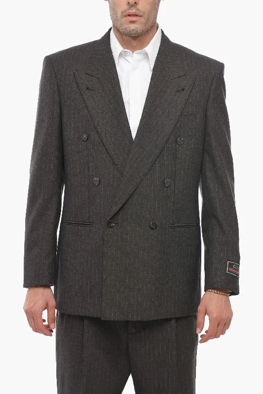 Gucci Double-breasted Herringbone Wool Blazer with Peak Lapel