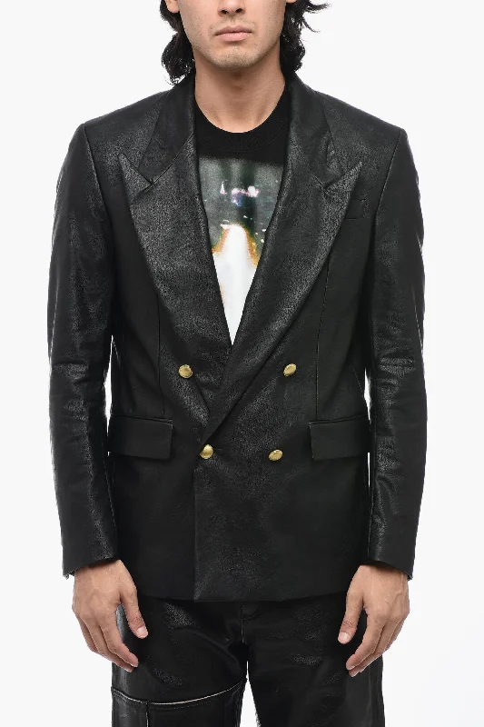 Marsem Faux Leather Double-Breasted Blazer with Golden Buttons