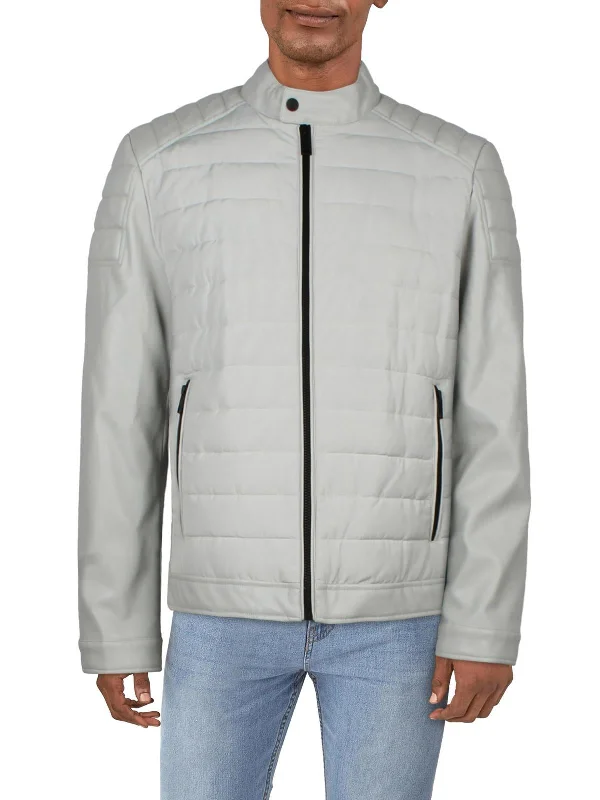 Mens Faux Leather Cold Weather Quilted Coat