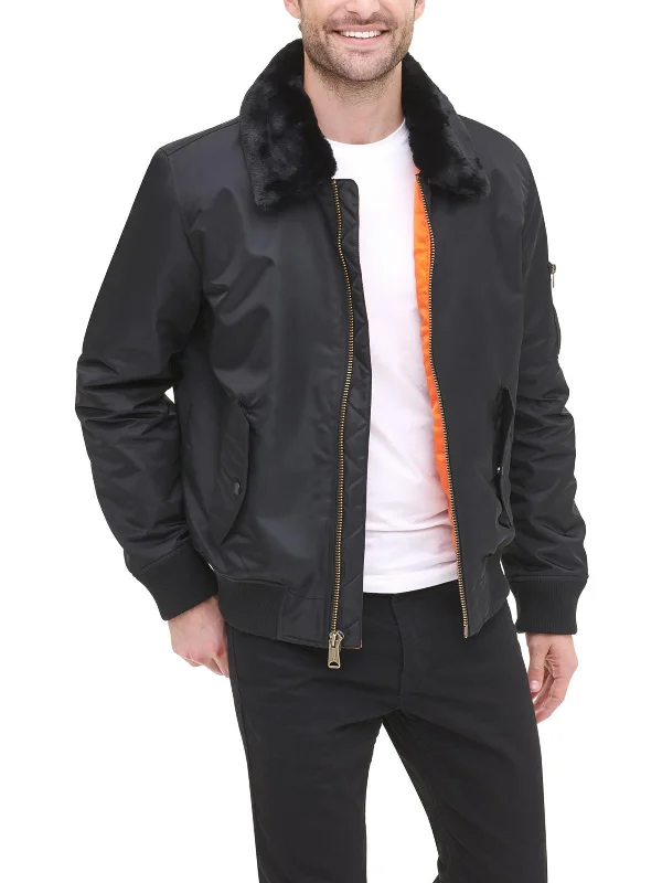 Mens Removable Collar Ribbed Trim Bomber Jacket