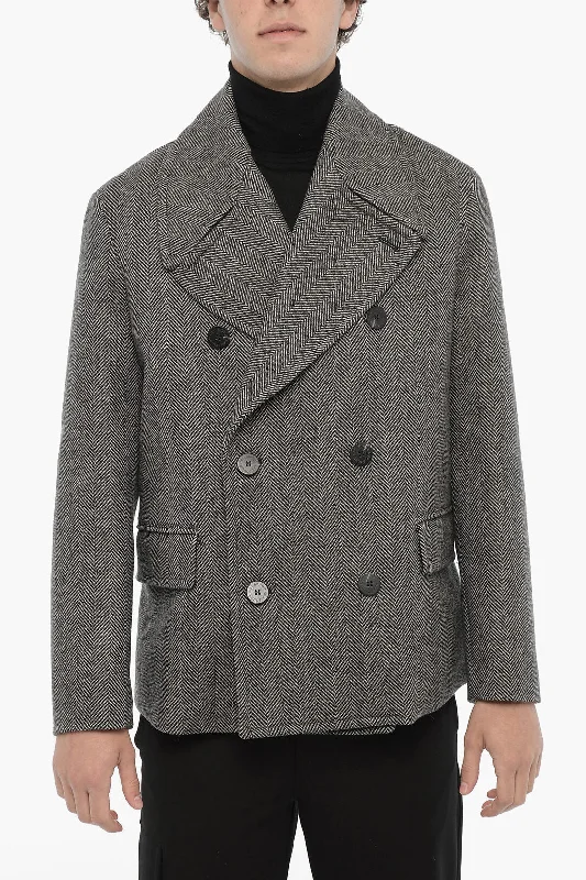 Neil Barrett Herringbone Motif Virgin Wool Double Breasted Peacoat