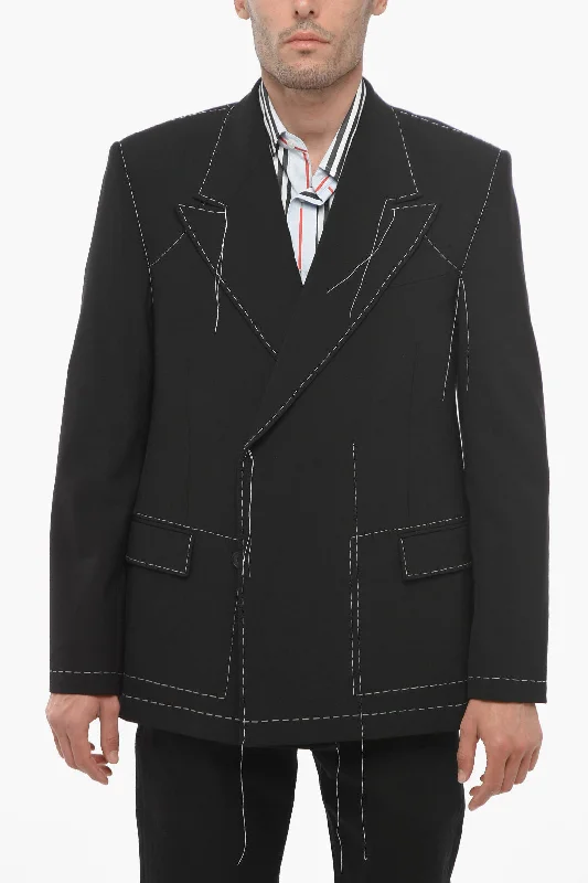 Off-White Double-breasted Wool Blend Blazer with Visible Stitchings