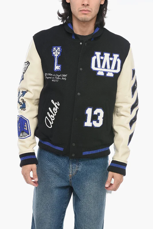 Off-White Leather Varsity Bomber with Patchwork