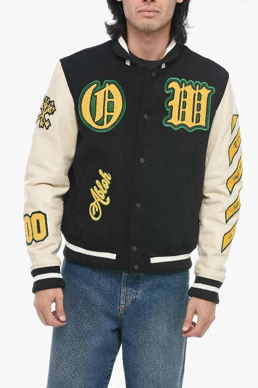 Off-White Leather Varsity Bomber with Patchwork