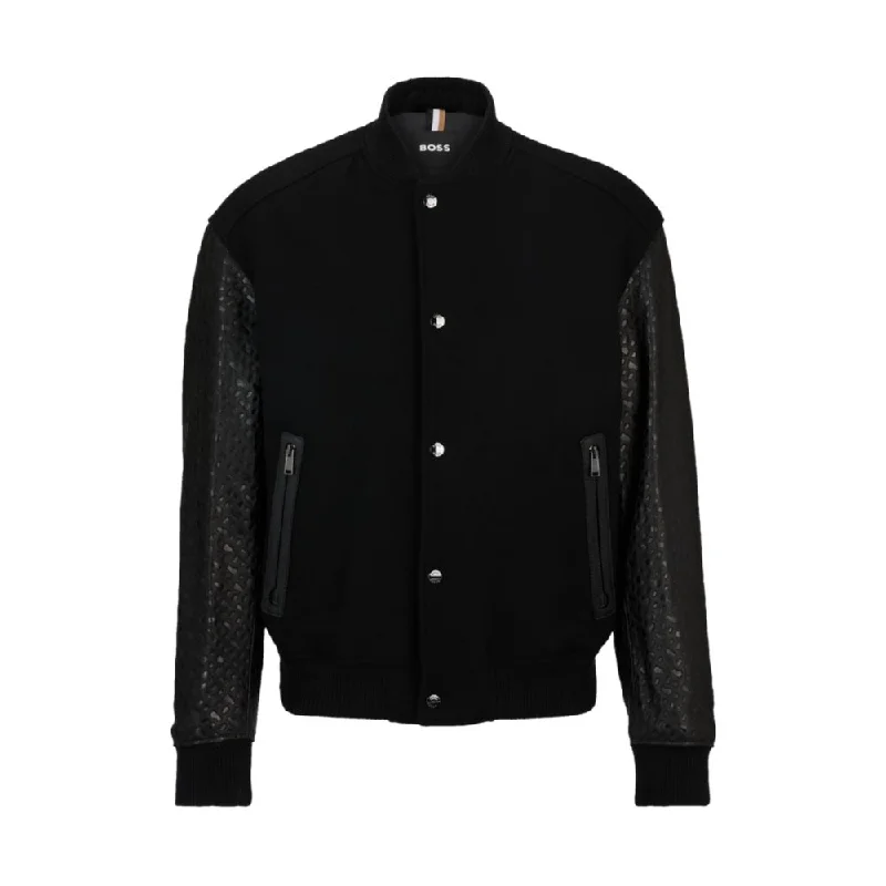 Varsity-style jacket with monogram-embossed leather sleeves