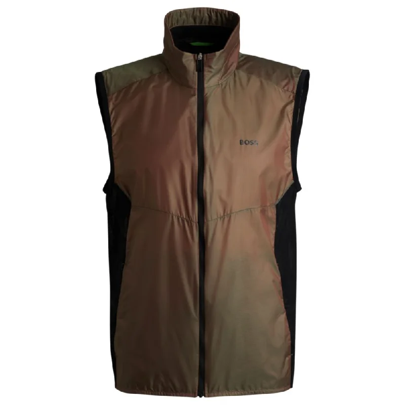 Water-repellent packable gilet in iridescent ripstop material