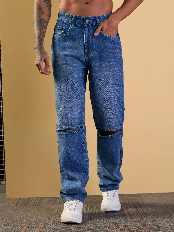 Men Blue Knee Slit Open Relax Fit Jeans