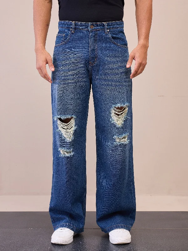 Men Blue Washed Front Distressed Wide Leg Jeans