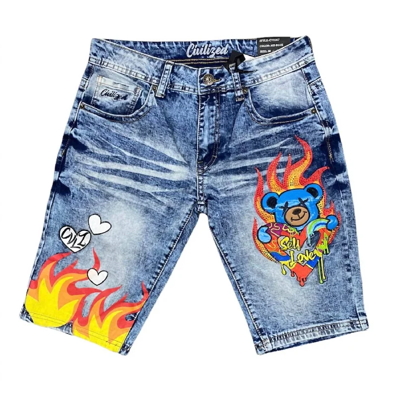 Men's Self Love Bear Denim Short In Blue