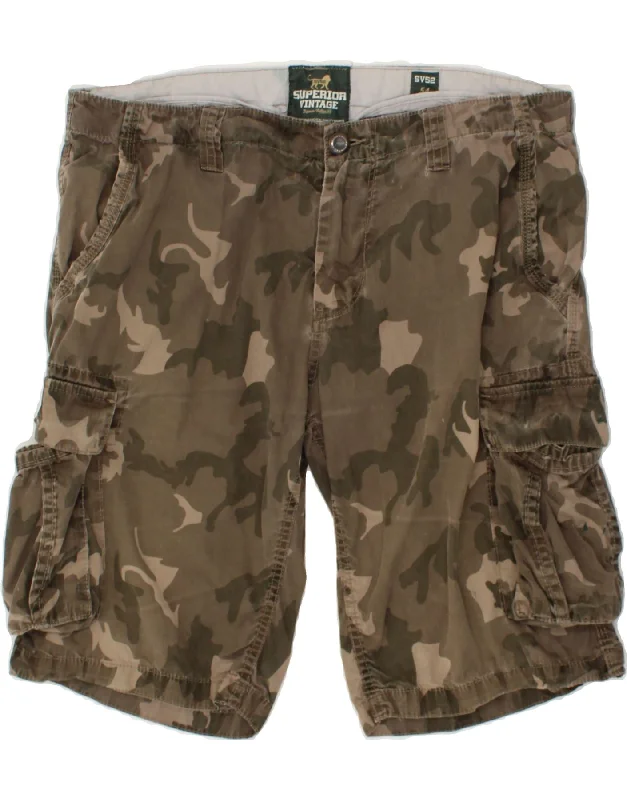 SUPERIOR Mens Cargo Shorts IT 54 2XL W38 Khaki Camouflage Cotton